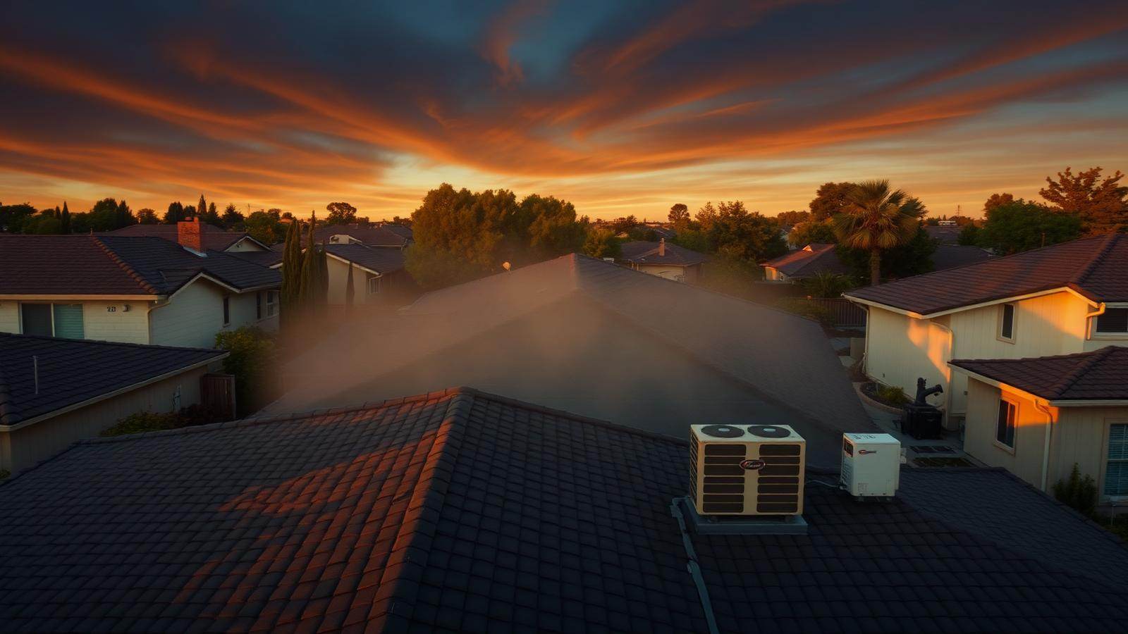 Rooftop air conditioning units above a residential neighborhood at sunset